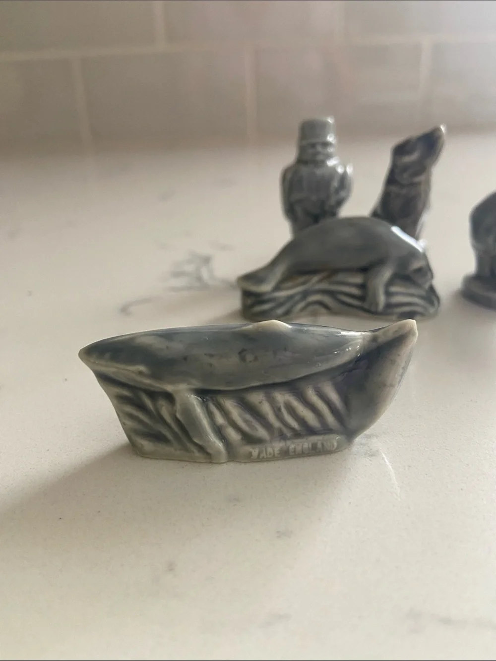 Vintage Wade England Whimsies Lot of 5 Gray Miniature Figurines Whale Wolf Eleph